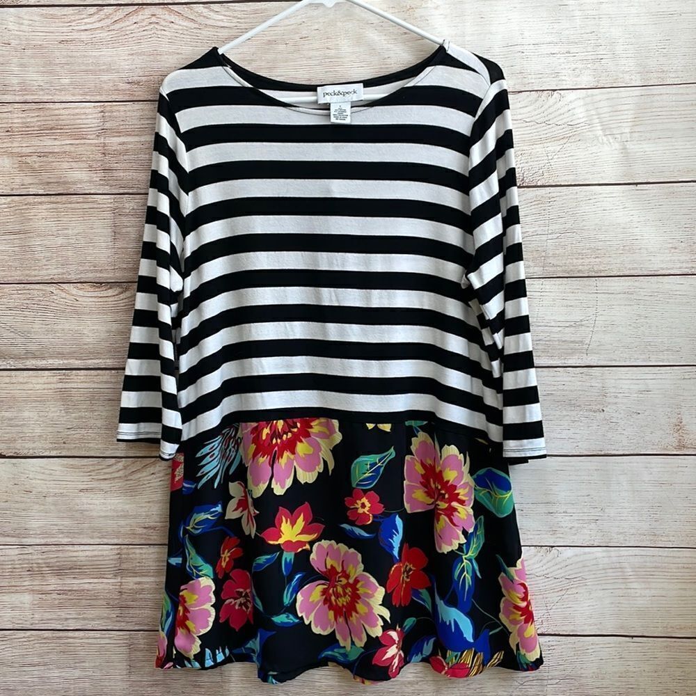 PECK & PECK MIXED MEDIA TUNIC TOP IN STRIPES AND FLORAL